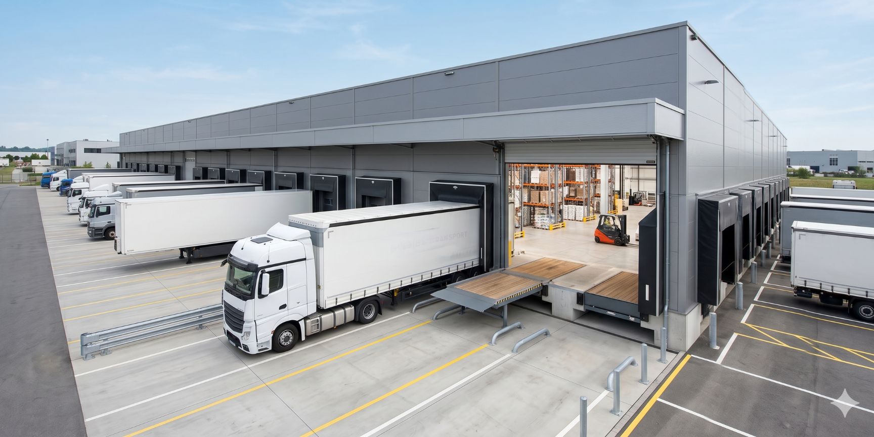 Außenansicht einer modernen Logistikimmobilie mit mehreren Verladestationen. Eine hydraulische Vorschubbrücke ist aktiv an einem angedockten Lkw positioniert, umgeben von Torabdichtungen und Sektionaltoren.